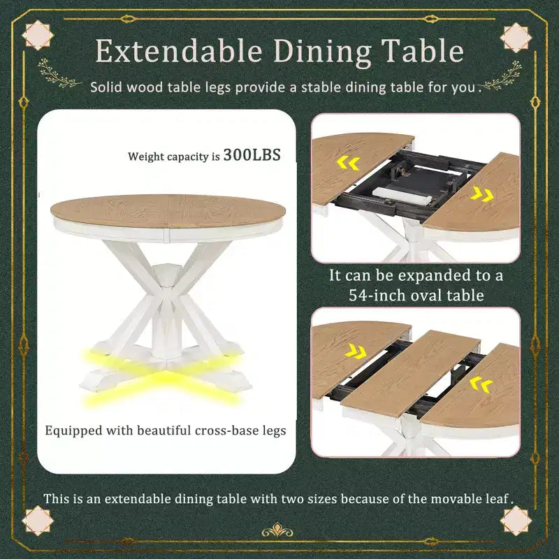 Table de salle à manger et de cuisine extensible 54 W Rétro avec 12 rallonges, bois naturel chêne+blanc cassé/espresso/laveur de bois naturel
