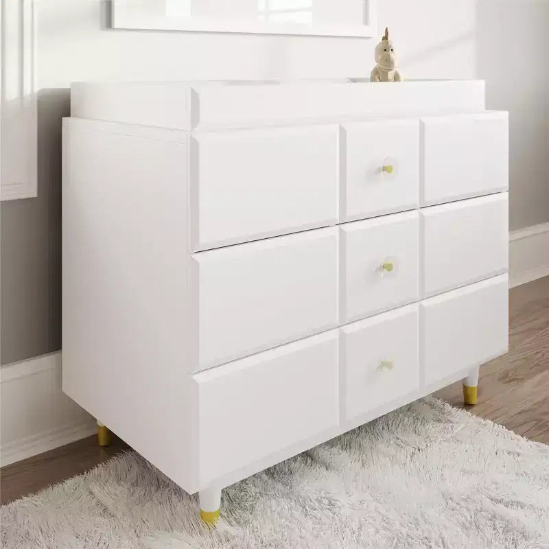 Commode à 3 tiroirs avec quincaillerie dorée, blanche