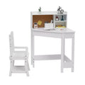 Kids Desk and Chair Set, Wooden Corner Study Table with Bookshelf, Bulletin Board, and Pen Holder, Writing Table for Boys and Girls, White