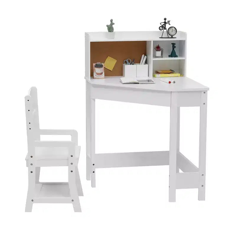 Kids Desk and Chair Set, Wooden Corner Study Table with Bookshelf, Bulletin Board, and Pen Holder, Writing Table for Boys and Girls, White