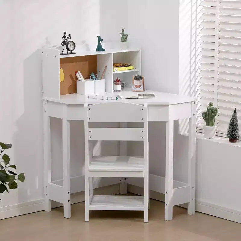 Ensemble bureau et chaise pour enfants, table d'étude d'angle en bois avec étagère, tableau d'affichage et porte-stylo, table d'écriture pour garçons et filles, blanc