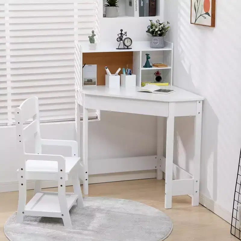 Ensemble bureau et chaise pour enfants, table d'étude d'angle en bois avec étagère, tableau d'affichage et porte-stylo, table d'écriture pour garçons et filles, blanc