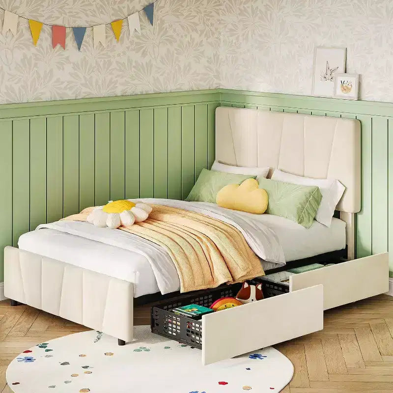 Twin Size Bed Frame with Adjustable Headboard and 2 Storage Drawers, Upholstered Platform Bed Frame with Wooden Slats Support