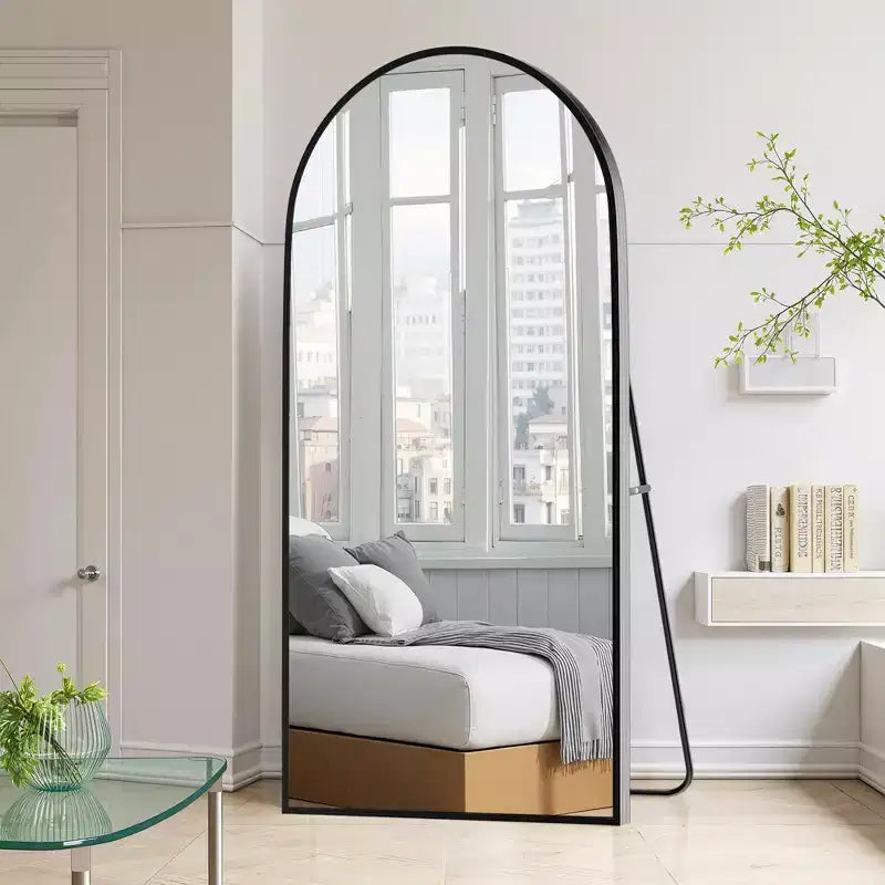 Black Full-Length Right-Angled Arched Mirror with Thin Edge in Aluminum Alloy, 180x96x1.5cm (With Bracket)