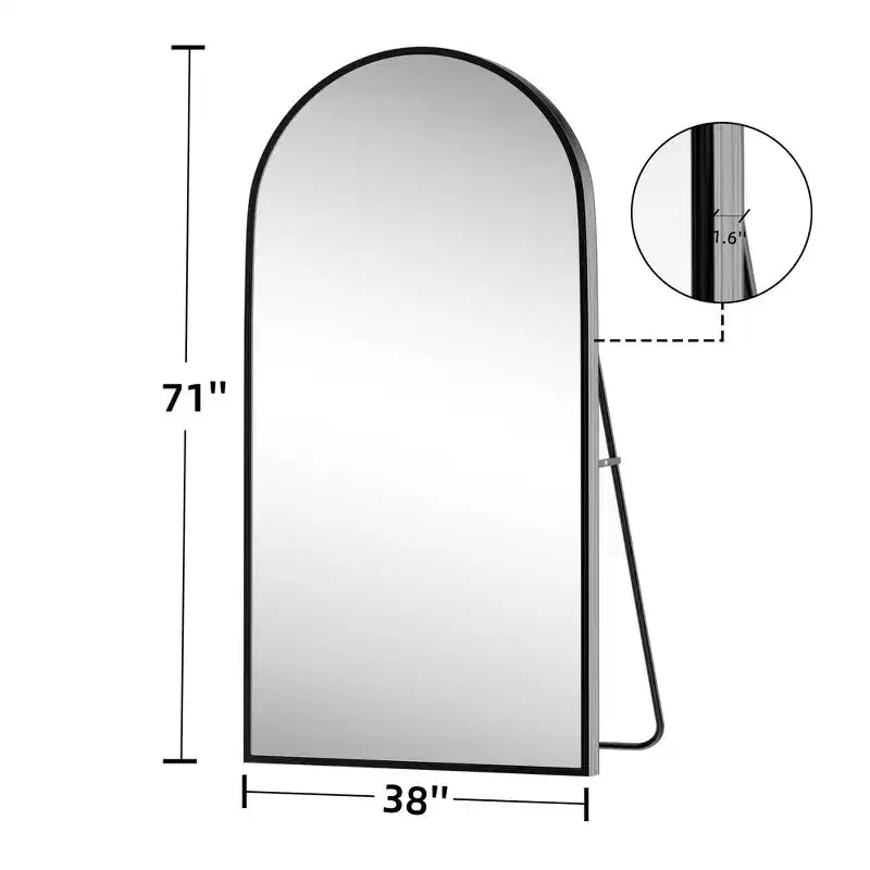 Miroir arqué noir pleine longueur à angle droit avec bord fin en alliage d'aluminium, 180x96x1,5cm (avec support)