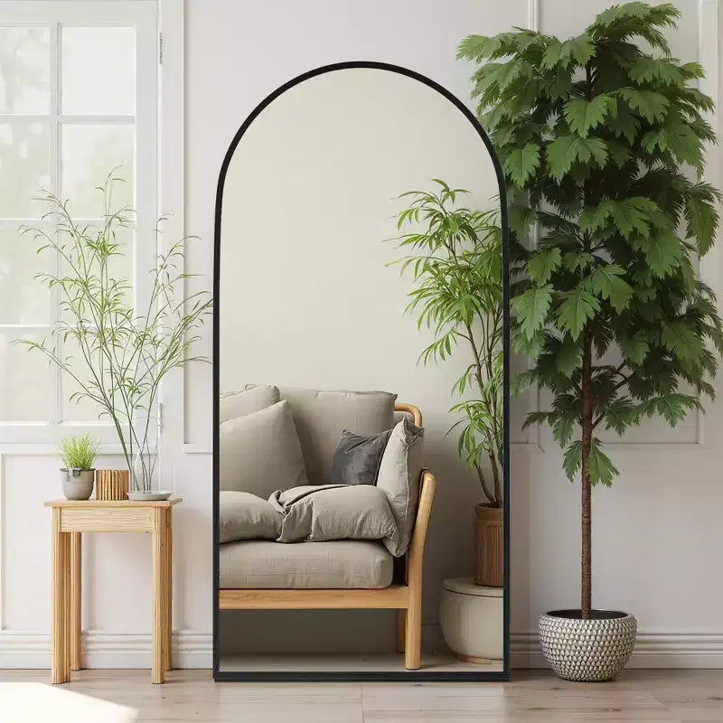 Miroir arqué noir pleine longueur à angle droit avec bord fin en alliage d'aluminium, 180x96x1,5cm (avec support)
