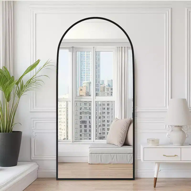 Miroir arqué noir pleine longueur à angle droit avec bord fin en alliage d'aluminium, 180x96x1,5cm (avec support)