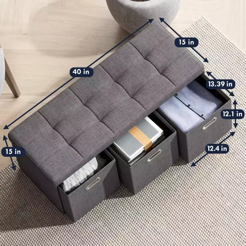 Banc de rangement ottoman pliable de 101,6 cm avec tiroirs, parfait pour le salon, la chambre et l'entrée