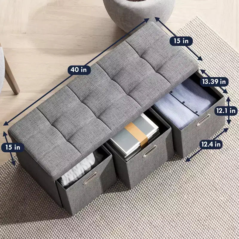 Banc de rangement ottoman pliable de 101,6 cm avec tiroirs, parfait pour le salon, la chambre et l'entrée