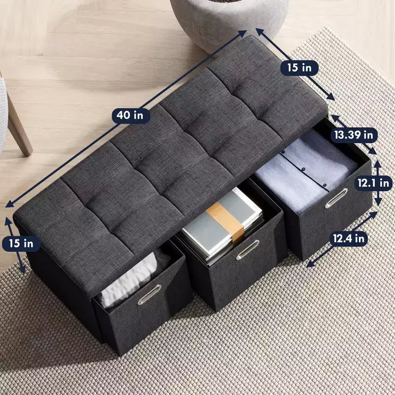 Banc de rangement ottoman pliable de 101,6 cm avec tiroirs, parfait pour le salon, la chambre et l'entrée