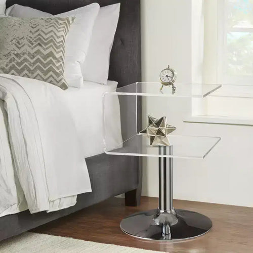 Bekrvio 15.8'' Clear Acrylic C Shaped Side Table with Stainless Steel Base,Double-Layer Modern Small End Table for Couch, Nightstand in Living Room