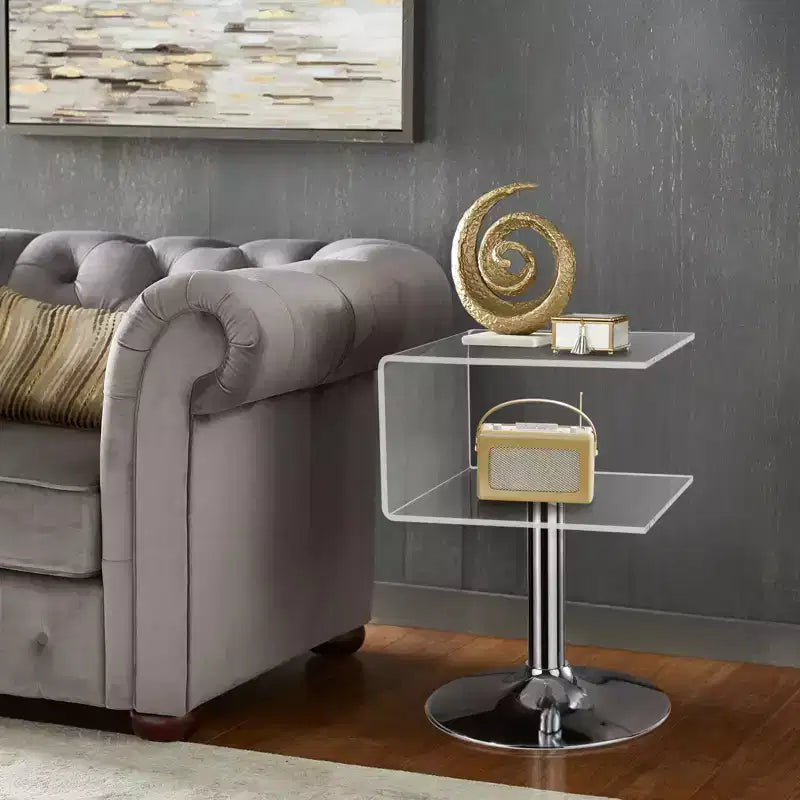 Table d'appoint en acrylique transparent en forme de C de 40 cm avec base en acier inoxydable, petite table de bout moderne à double couche pour canapé, table de chevet dans le salon