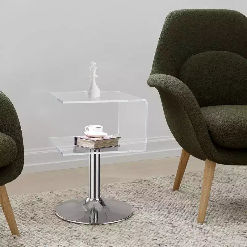 Table d'appoint en acrylique transparent en forme de C de 40 cm avec base en acier inoxydable, petite table de bout moderne à double couche pour canapé, table de chevet dans le salon
