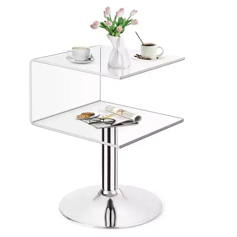 Table d'appoint en acrylique transparent en forme de C de 40 cm avec base en acier inoxydable, petite table de bout moderne à double couche pour canapé, table de chevet dans le salon