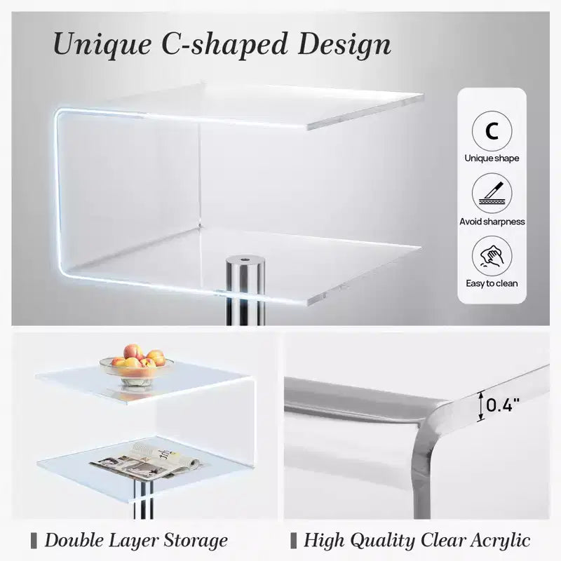 Table d'appoint en acrylique transparent en forme de C de 40 cm avec base en acier inoxydable, petite table de bout moderne à double couche pour canapé, table de chevet dans le salon