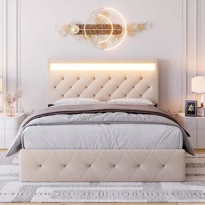 Cadre de lit double avec tête de lit réglable, port USB à chargement rapide, plateforme capitonnée, lumières LED, pas besoin de sommier tapissier, beige