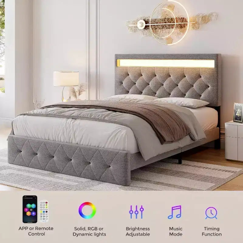 Cadre de lit double avec tête de lit réglable, port USB à chargement rapide, plateforme capitonnée, lumières LED, pas besoin de sommier tapissier, beige