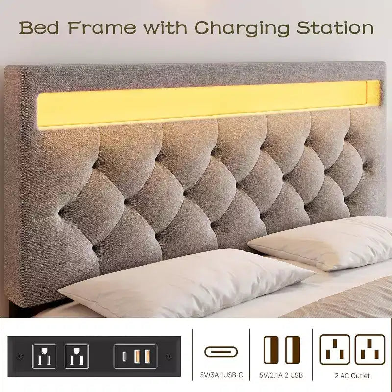 Cadre de lit double avec tête de lit réglable, port USB à chargement rapide, plateforme capitonnée, lumières LED, pas besoin de sommier tapissier, beige