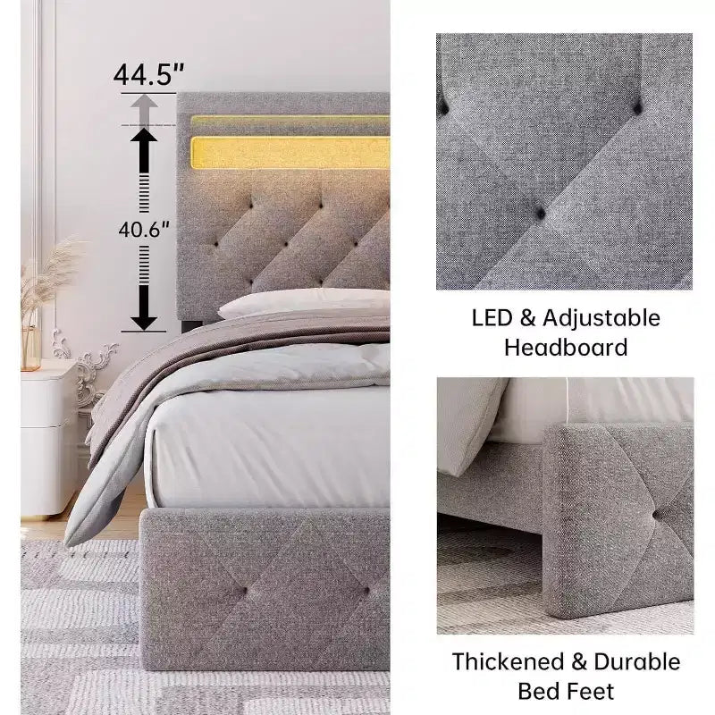 Cadre de lit double avec tête de lit réglable, port USB à chargement rapide, plateforme capitonnée, lumières LED, pas besoin de sommier tapissier, beige
