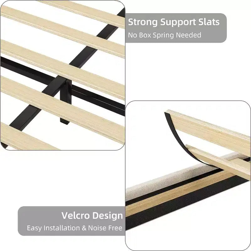 Cadre de lit double avec tête de lit réglable, port USB à chargement rapide, plateforme capitonnée, lumières LED, pas besoin de sommier tapissier, beige