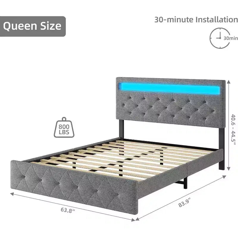 Cadre de lit double avec tête de lit réglable, port USB à chargement rapide, plateforme capitonnée, lumières LED, pas besoin de sommier tapissier, beige
