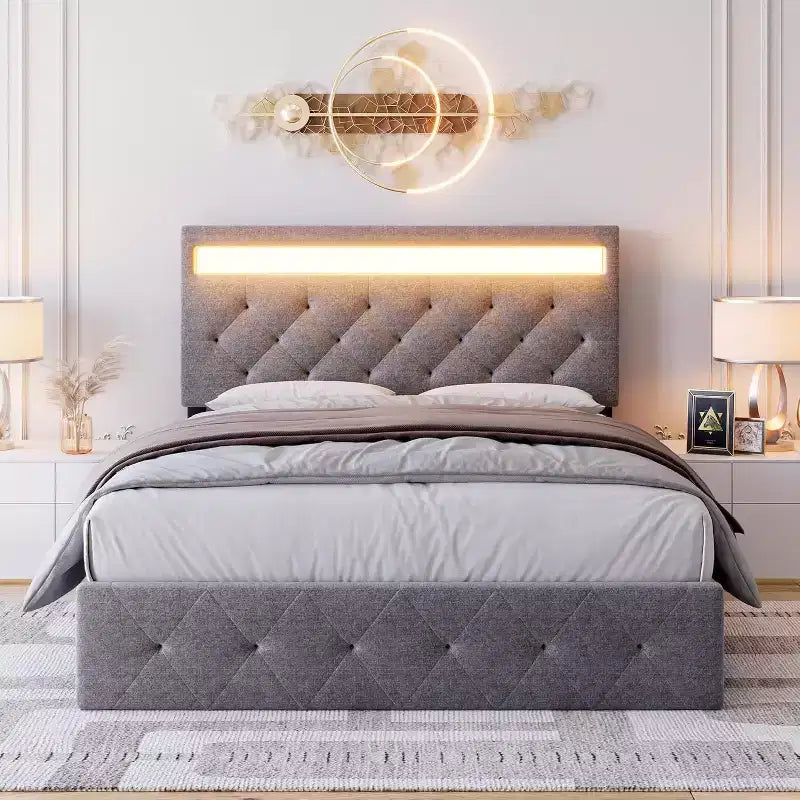 Cadre de lit double avec tête de lit réglable, port USB à chargement rapide, plateforme capitonnée, lumières LED, pas besoin de sommier tapissier, beige