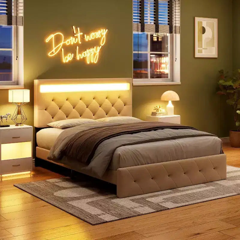 Full Size Bed Frame with Adjustable Headboard, Fast-charging USB Port, Upholstered Platform, LED Lights, No Box Spring Needed, Beige