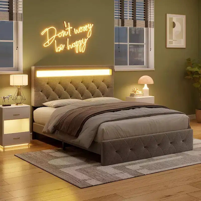 Cadre de lit double avec tête de lit réglable, port USB à chargement rapide, plateforme capitonnée, lumières LED, pas besoin de sommier tapissier, beige