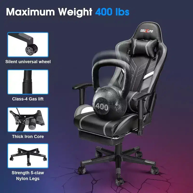 Chaise de Jeu Ergonomique Moderne avec Massage 7 Points, Repose-Pieds et Accoudoirs Réglables Noir Gris