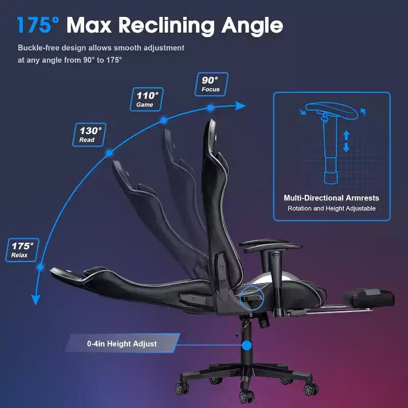 Chaise de Jeu Ergonomique Moderne avec Massage 7 Points, Repose-Pieds et Accoudoirs Réglables Noir Gris