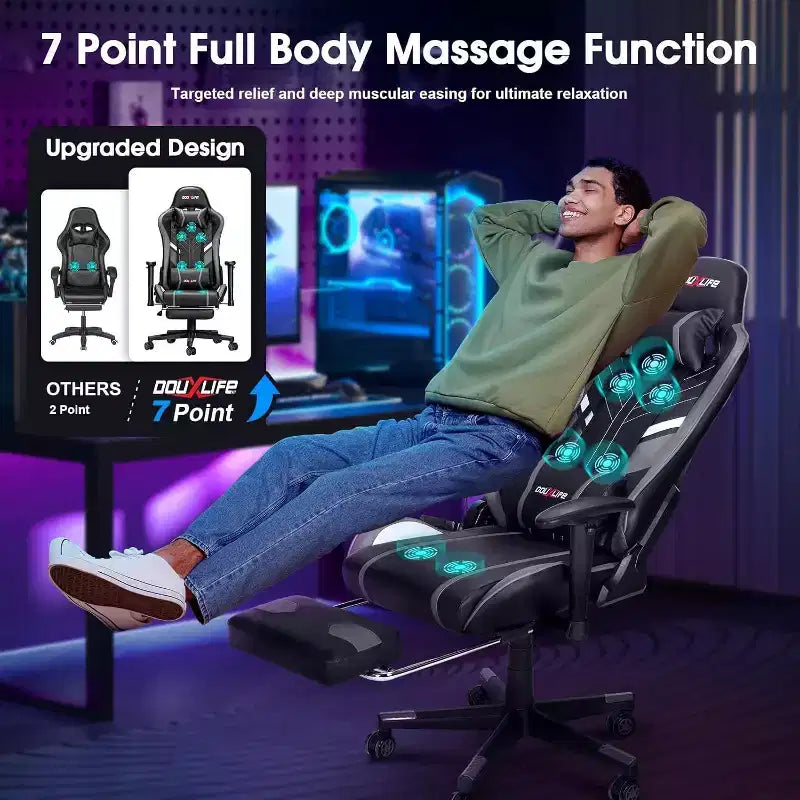 Chaise de Jeu Ergonomique Moderne avec Massage 7 Points, Repose-Pieds et Accoudoirs Réglables Noir Gris