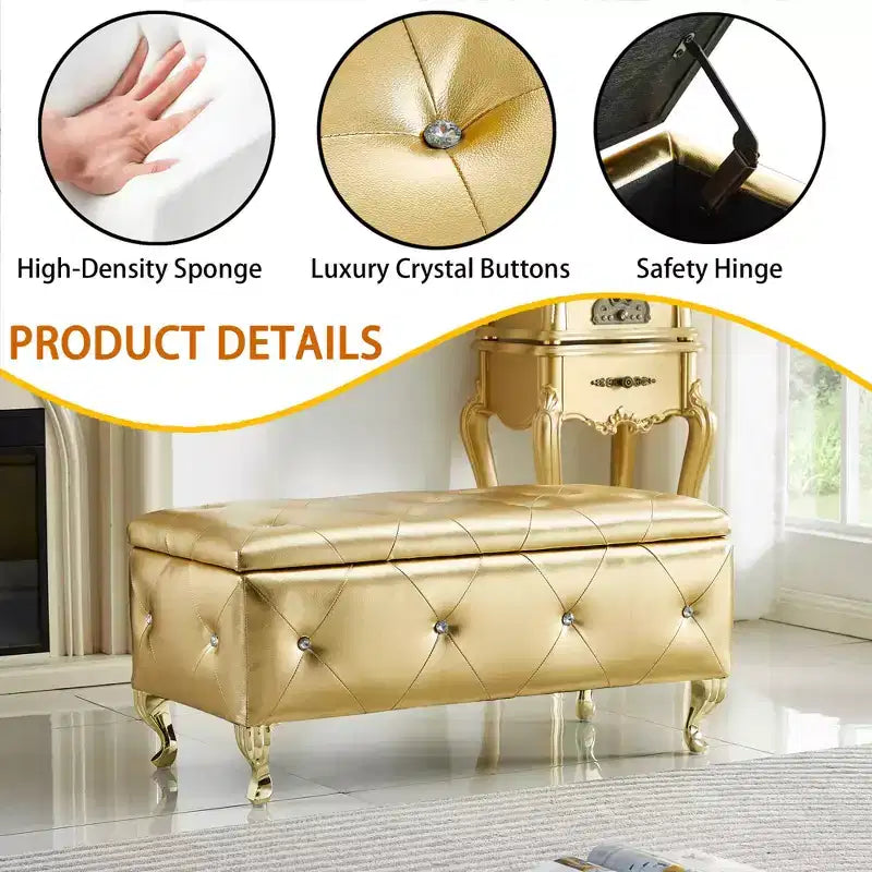 Ottoman de rangement 38 po en similicuir capitonné avec bouton en cristal