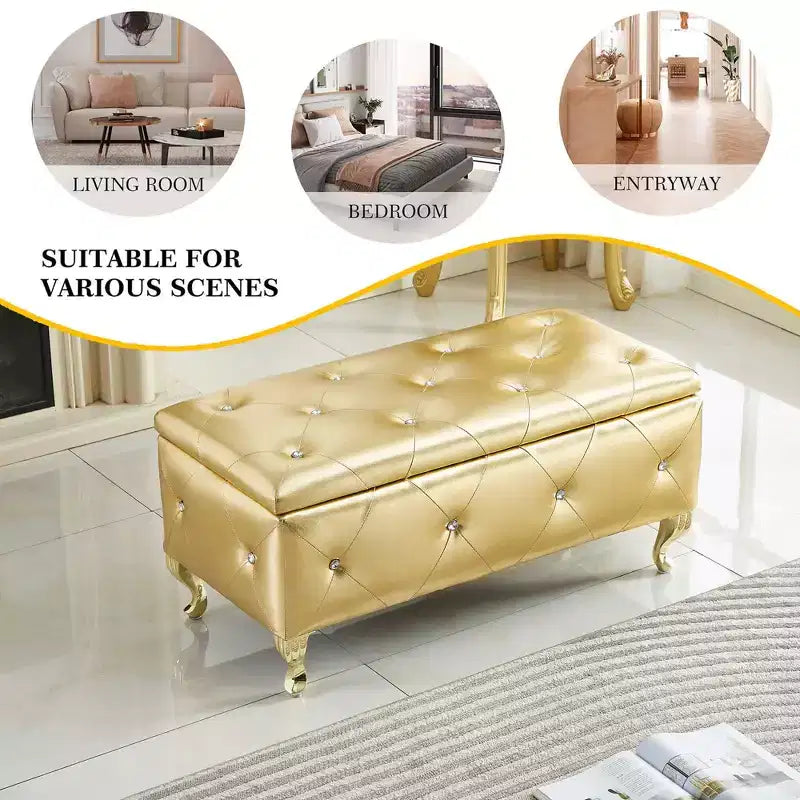 Ottoman de rangement 38 po en similicuir capitonné avec bouton en cristal