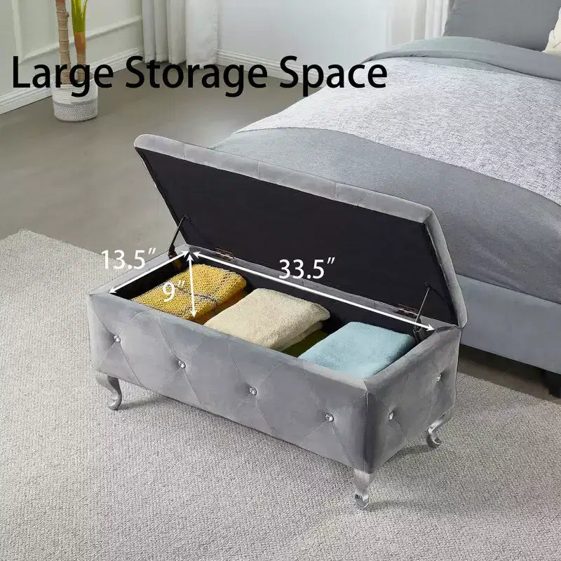 Ottoman de rangement 38 po en similicuir capitonné avec bouton en cristal
