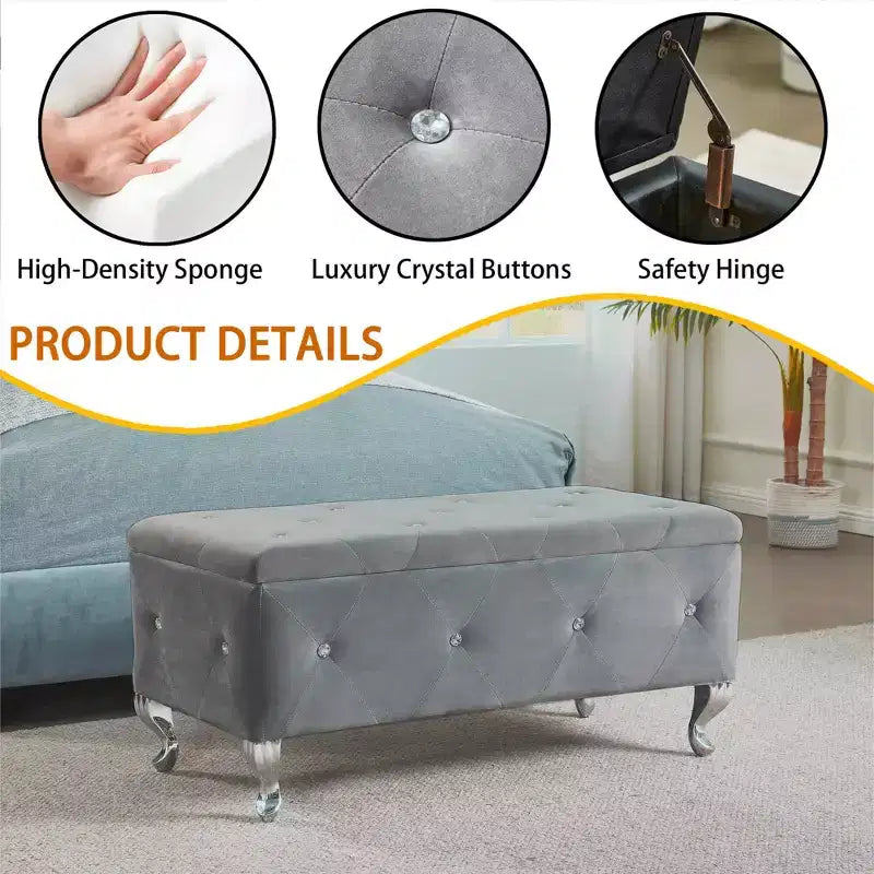 Ottoman de rangement 38 po en similicuir capitonné avec bouton en cristal