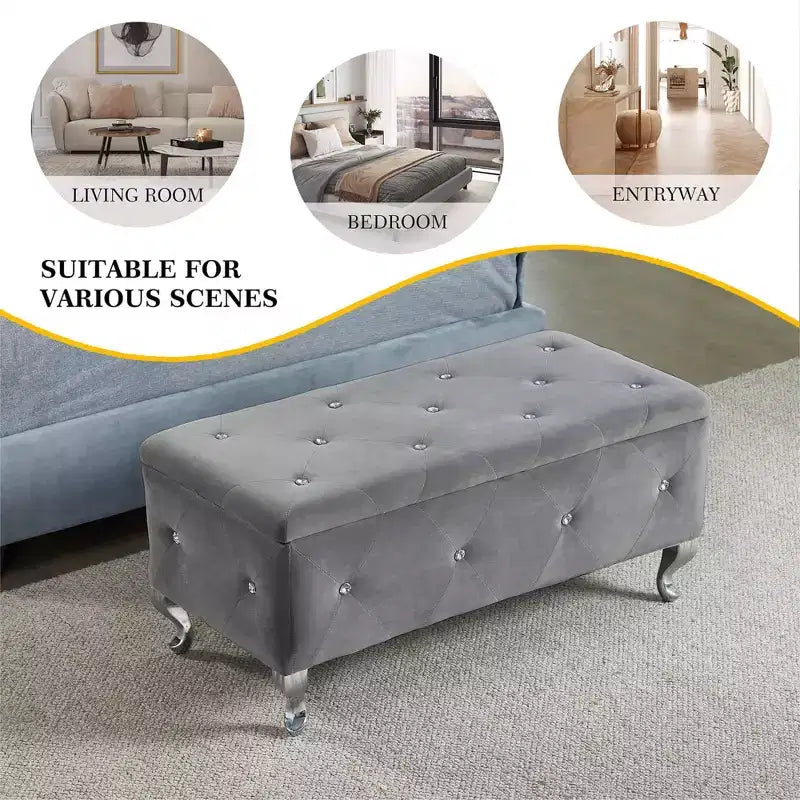 Ottoman de rangement 38 po en similicuir capitonné avec bouton en cristal