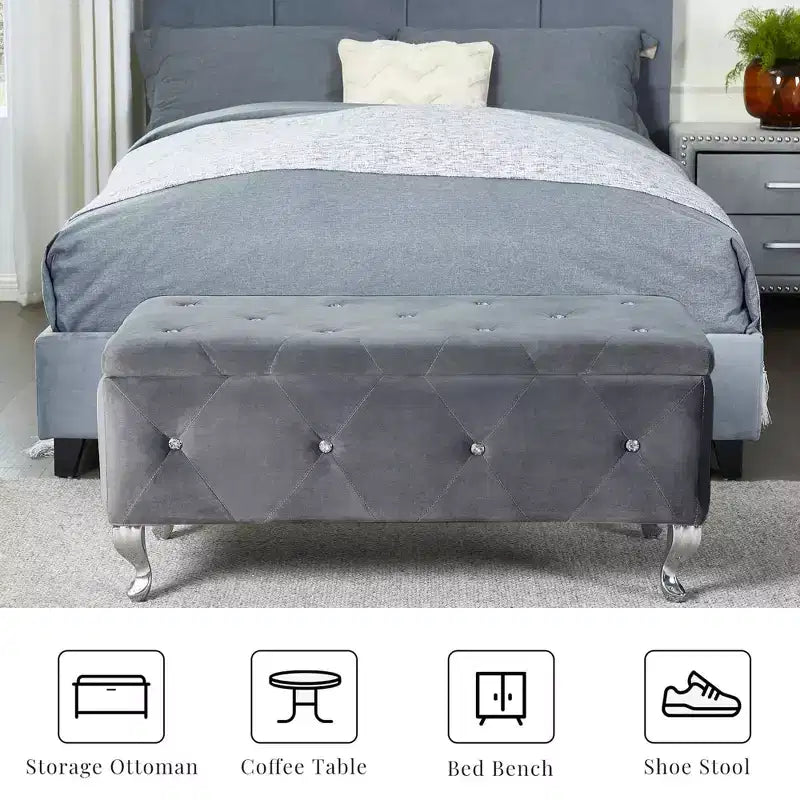 Ottoman de rangement 38 po en similicuir capitonné avec bouton en cristal