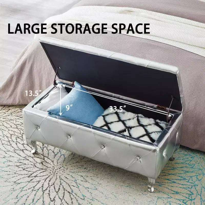 Ottoman de rangement 38 po en similicuir capitonné avec bouton en cristal