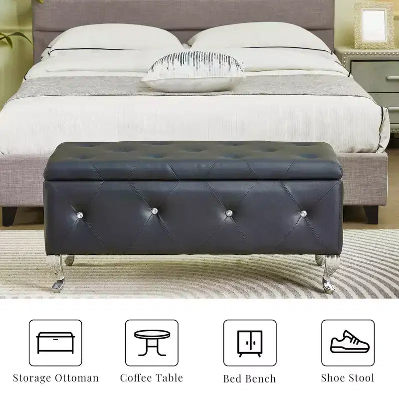 Ottoman de rangement 38 po en similicuir capitonné avec bouton en cristal