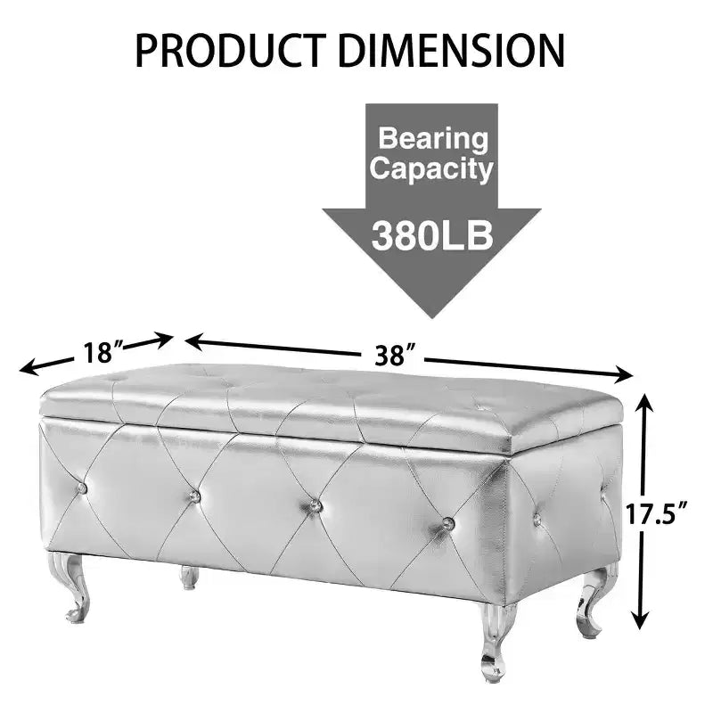 Ottoman de rangement 38 po en similicuir capitonné avec bouton en cristal