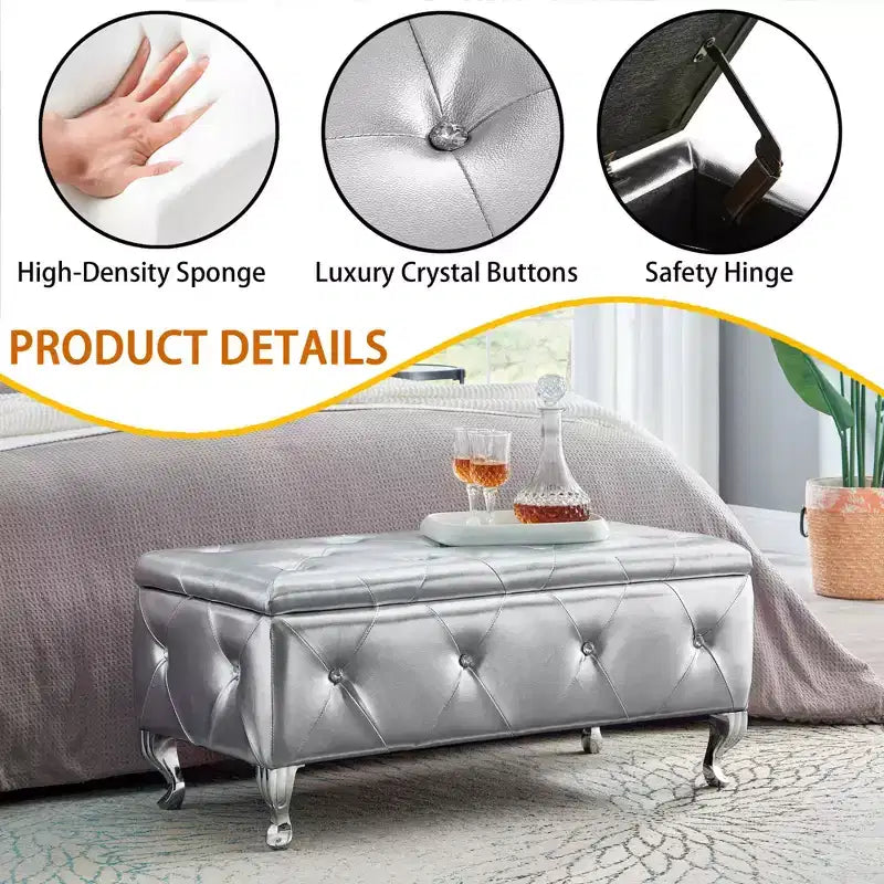 Ottoman de rangement 38 po en similicuir capitonné avec bouton en cristal
