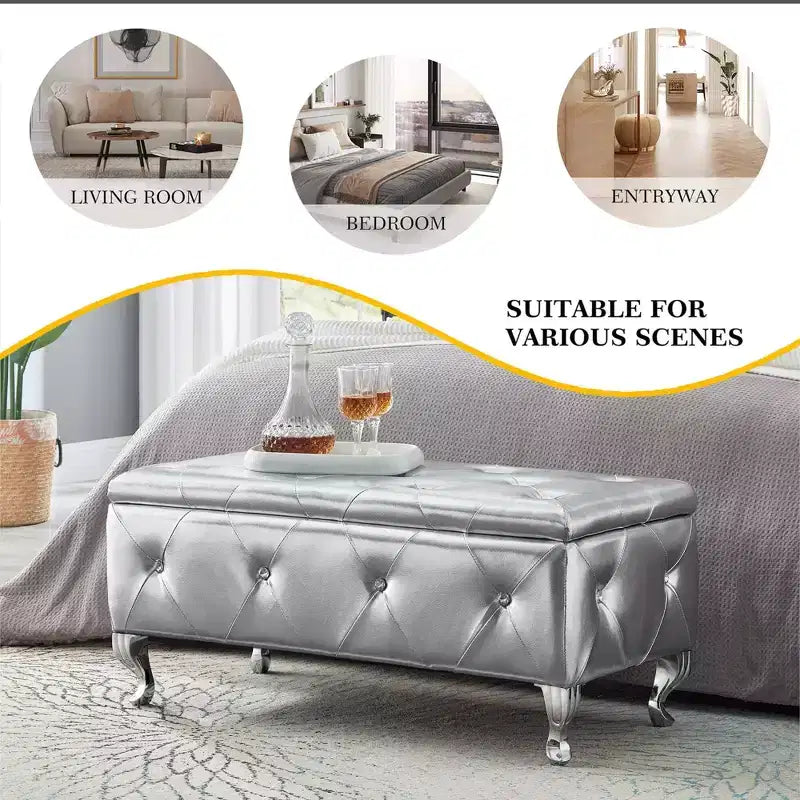 Ottoman de rangement 38 po en similicuir capitonné avec bouton en cristal