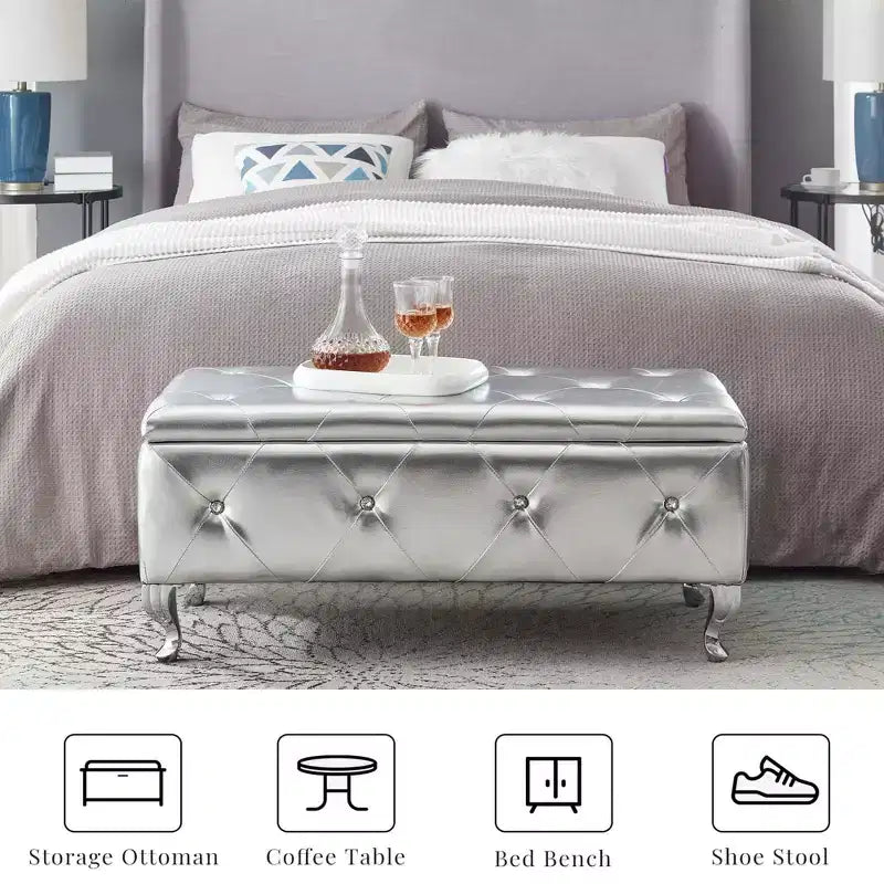 Ottoman de rangement 38 po en similicuir capitonné avec bouton en cristal