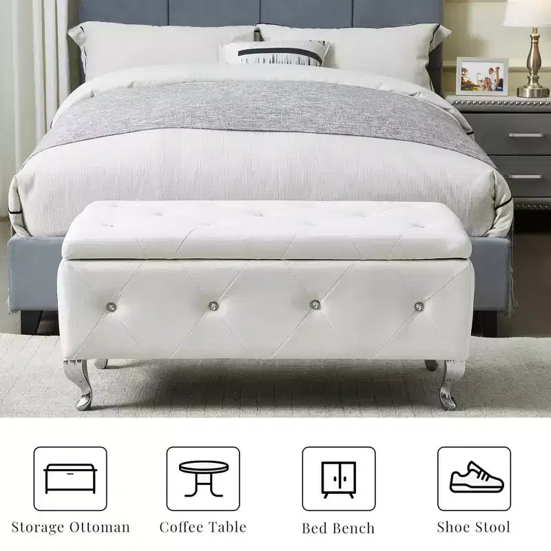 Ottoman de rangement 38 po en similicuir capitonné avec bouton en cristal