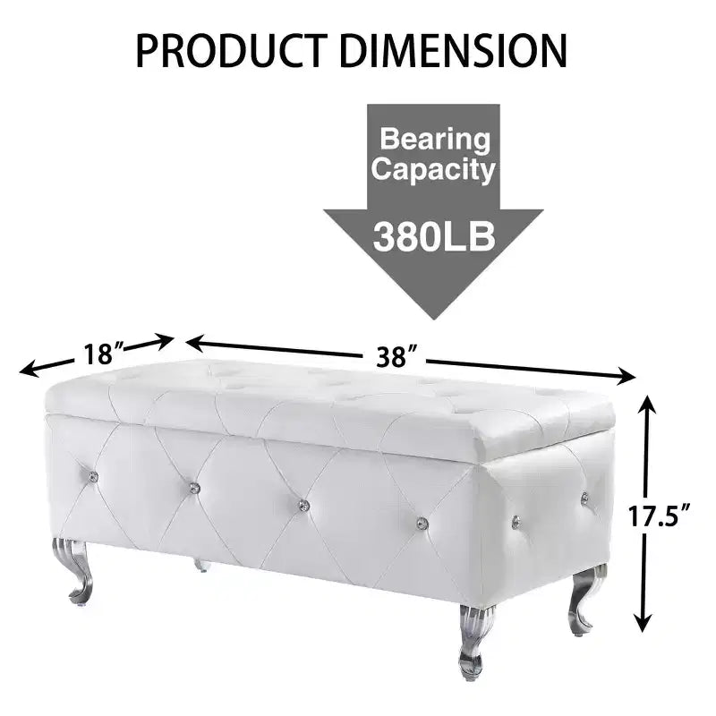 Ottoman de rangement 38 po en similicuir capitonné avec bouton en cristal