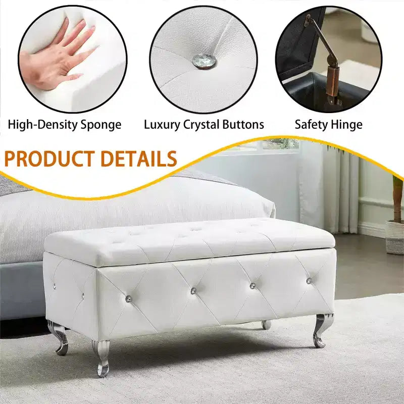 Ottoman de rangement 38 po en similicuir capitonné avec bouton en cristal