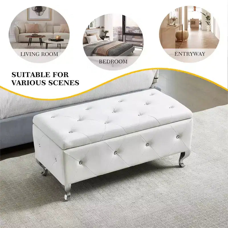 Ottoman de rangement 38 po en similicuir capitonné avec bouton en cristal