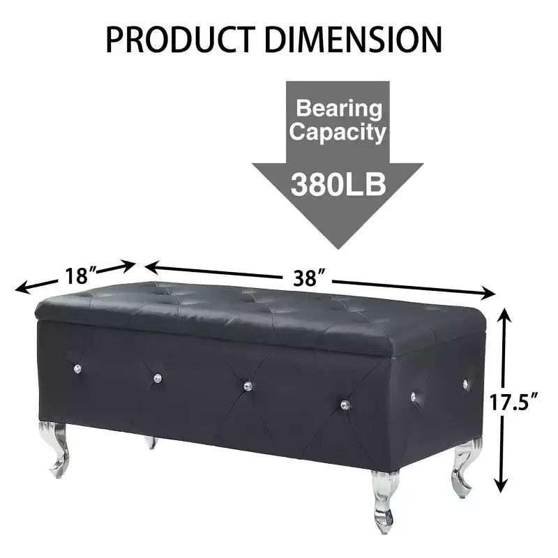 Ottoman de rangement 38 po en similicuir capitonné avec bouton en cristal