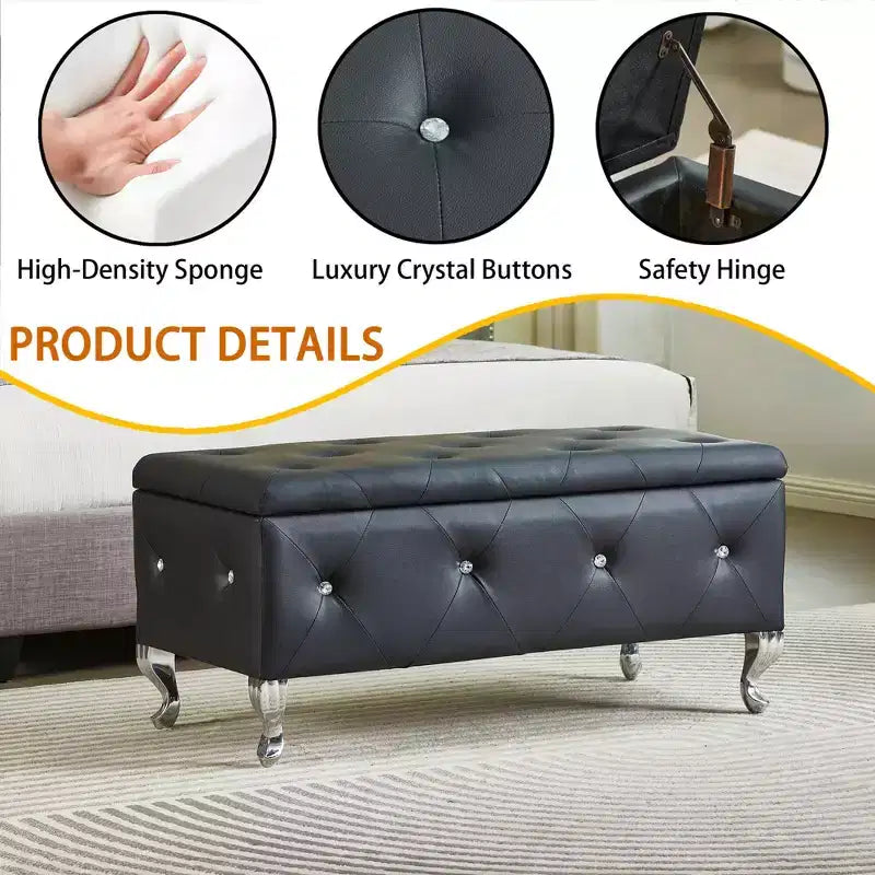 Ottoman de rangement 38 po en similicuir capitonné avec bouton en cristal