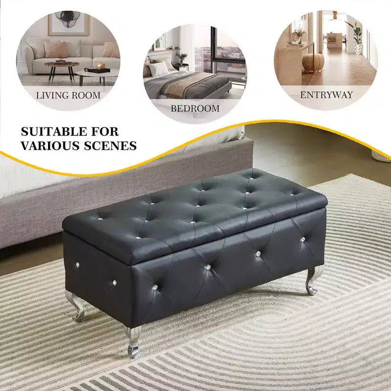 Ottoman de rangement 38 po en similicuir capitonné avec bouton en cristal